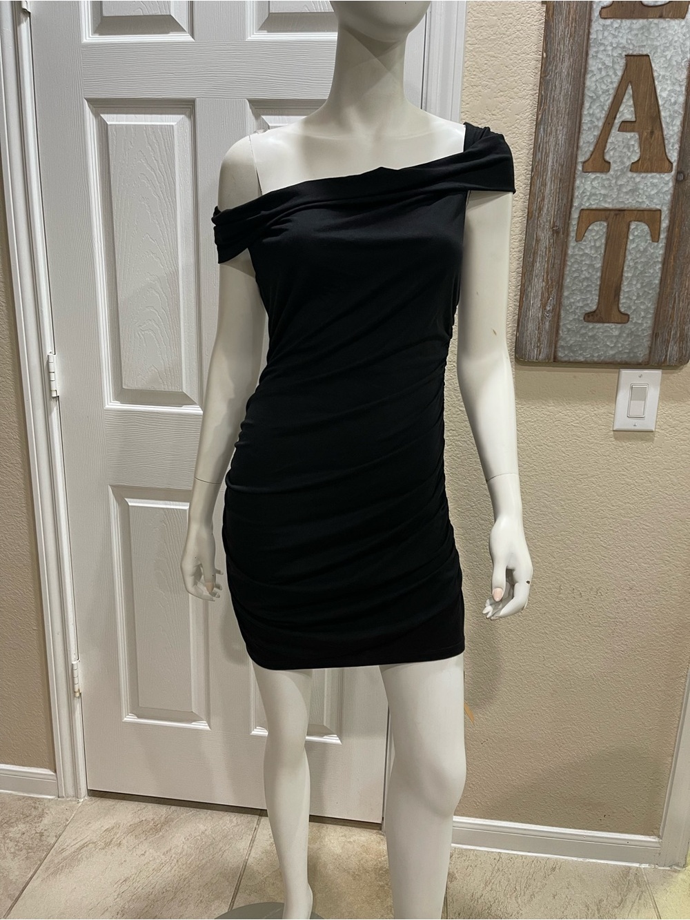 Reformation Black Raydon Knit Off-The-Shoulder Ruched Mini Dress - Size Medium - Picture 4 of 10